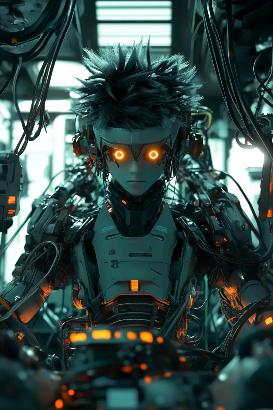 Pilota sci‑fi in scena di cockpit in hangar industriale di mech