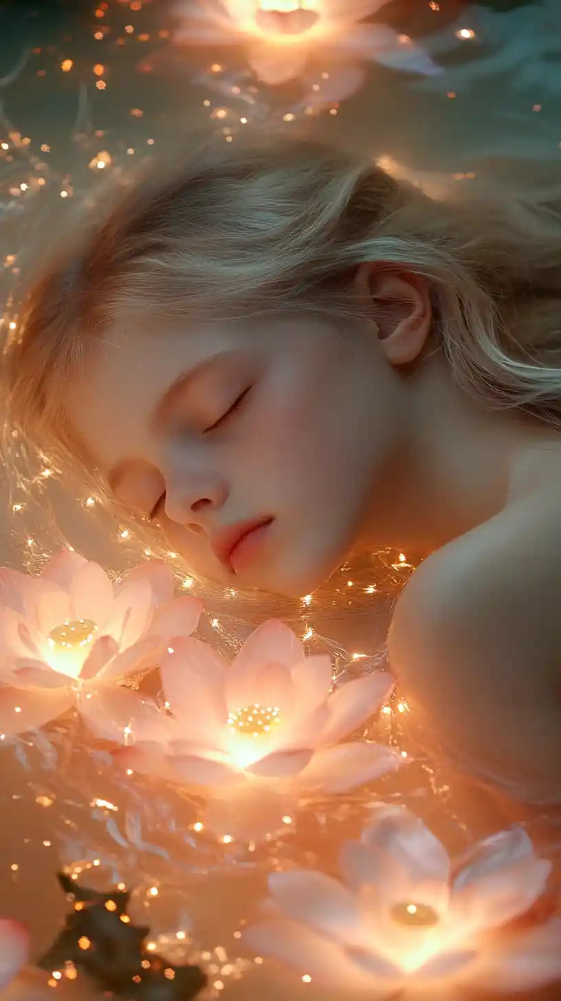 Sleeping girl among glowing pink lotus flowers