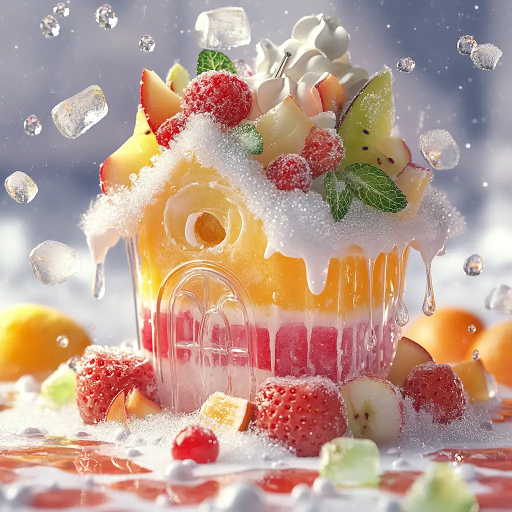 Glass ice cream house in a vibrant fruit fantasy