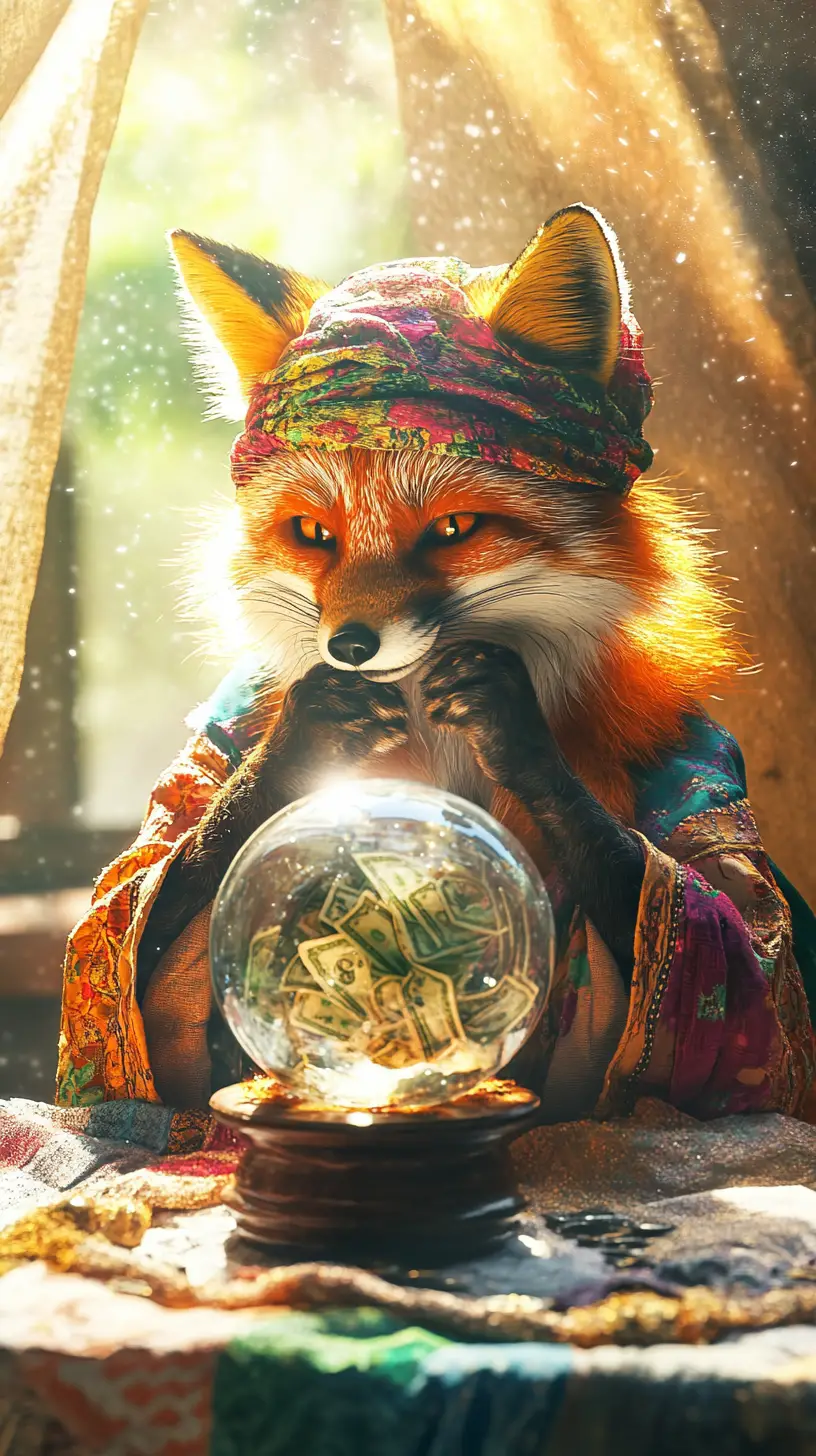 Mystical fox fortune teller in a colorful wagon