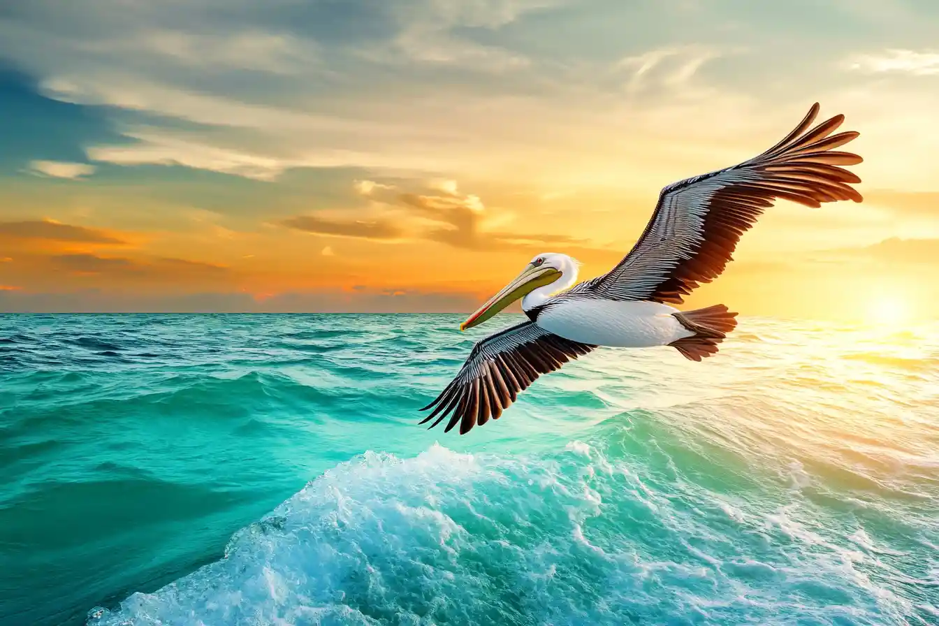 Pelicans soaring above blue green ocean at sunset