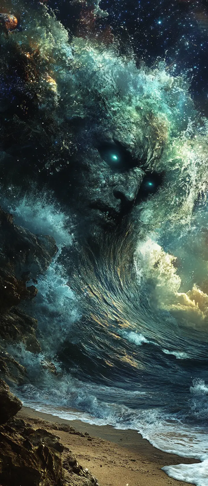 Ancient indigo wave crashing against a desolate rocky shore