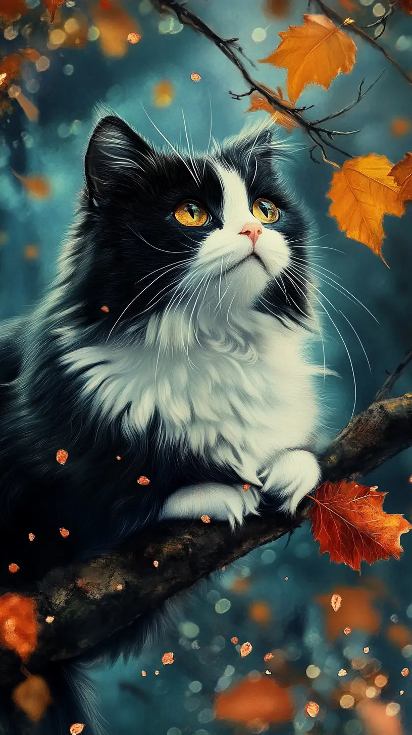 Fluffy Persian cat on autumn tree under full moon