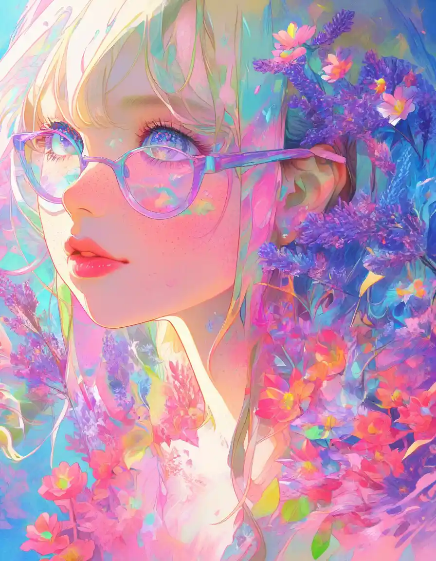 Anime girl with glasses and pastel floral portrait