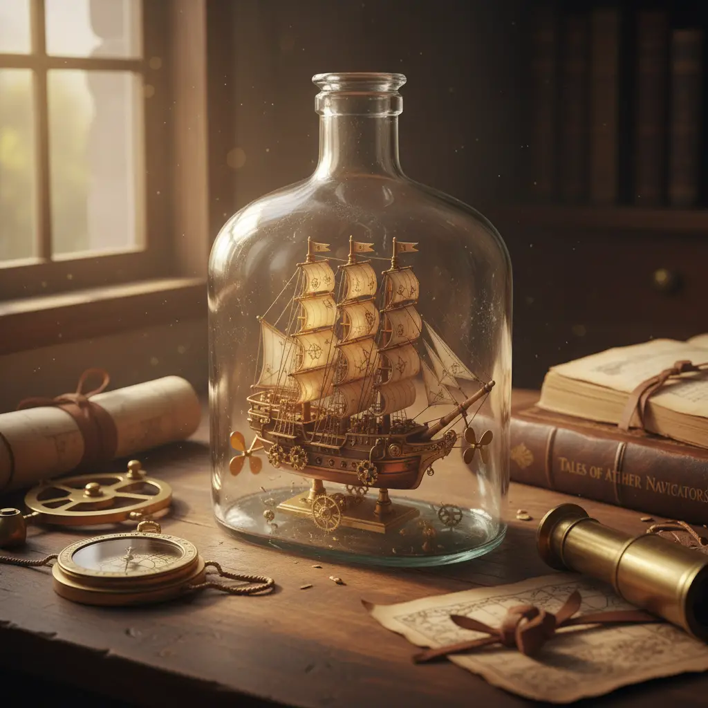 Realistic ship in a bottle with warm cinematic light