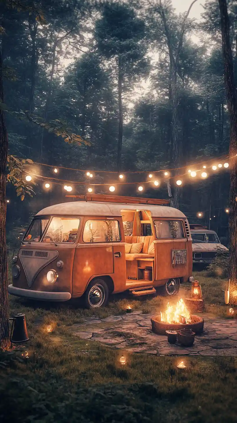 Happy brown bear sitting by campfire at forest campsite