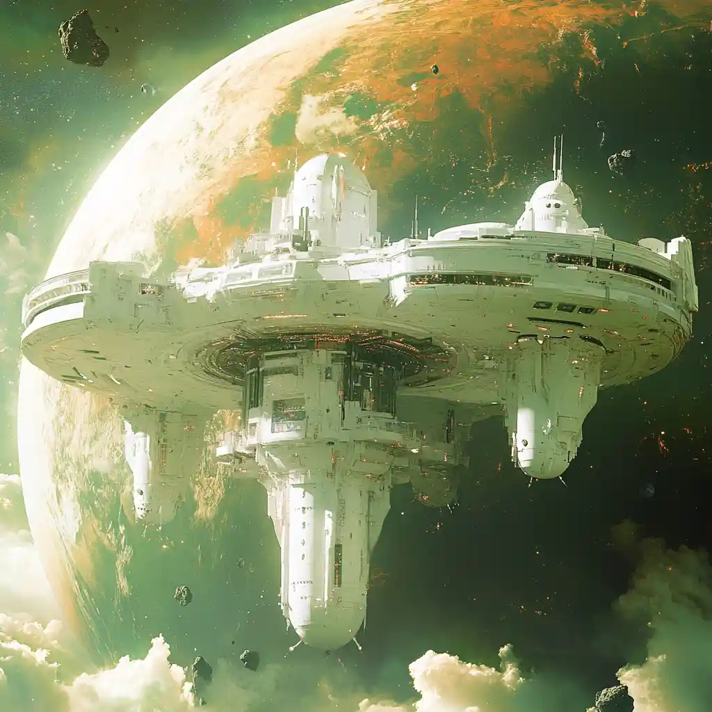 Futuristic white mega space station orbiting distant planet