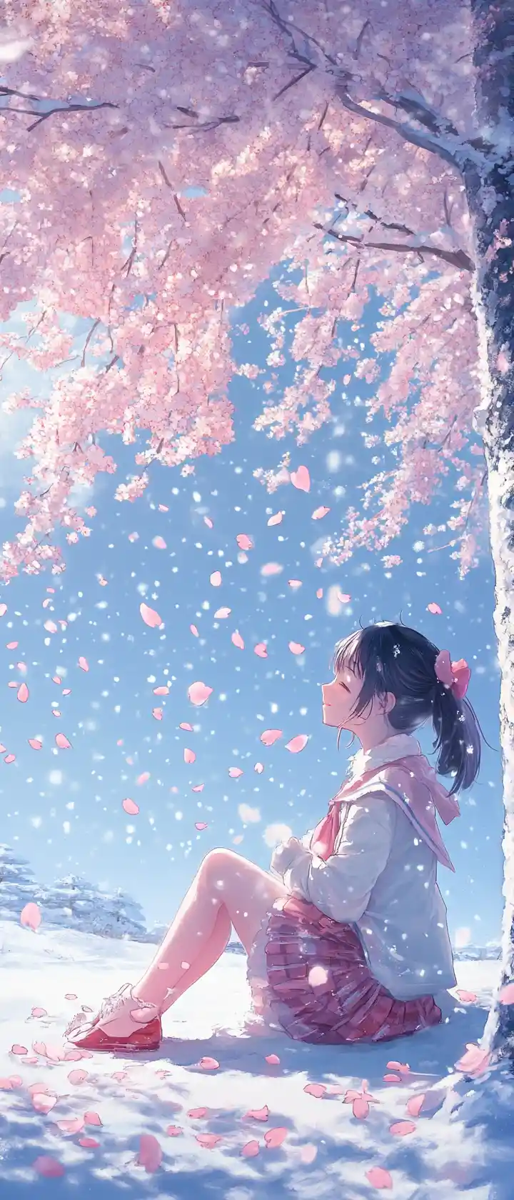 Anime girl beneath a cherry blossom tree in winter