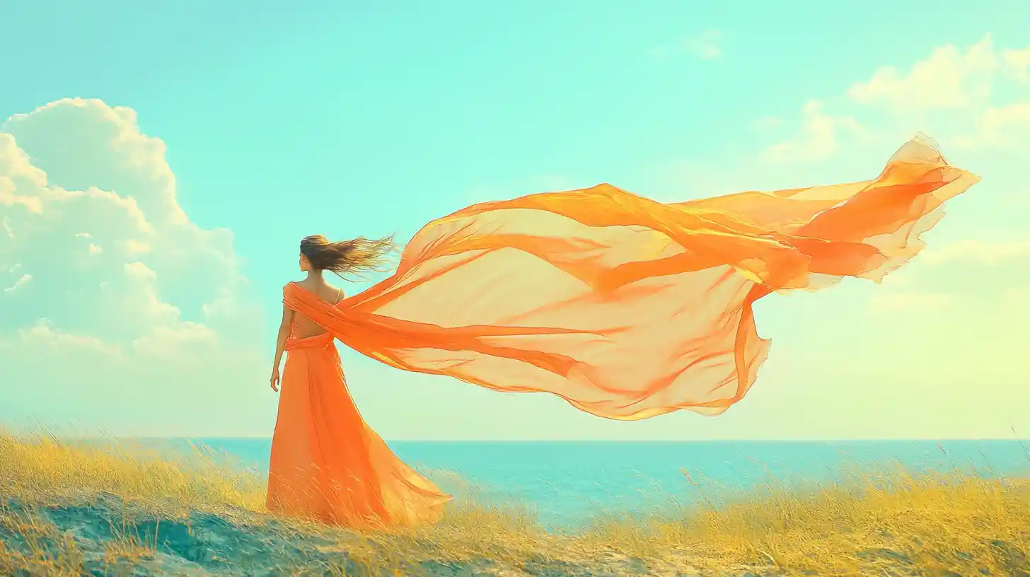 Woman with flowing fabric by turquoise seaside