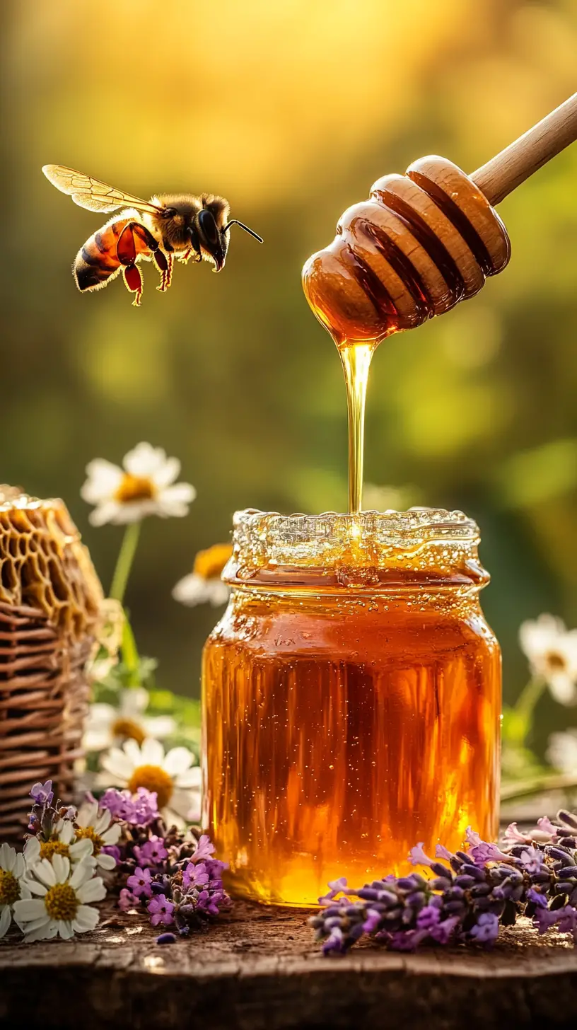 Golden honey jar with flowers on rustic wooden table