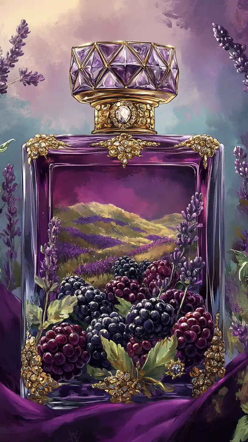 Perfume bottle with blackberries and lavender illustration