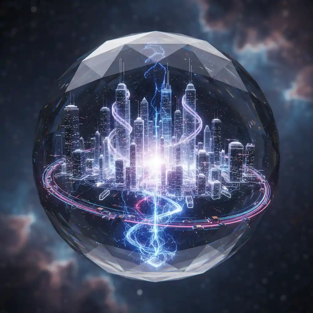 Vista macro di una città di cristallo luminosa in scala subatomica