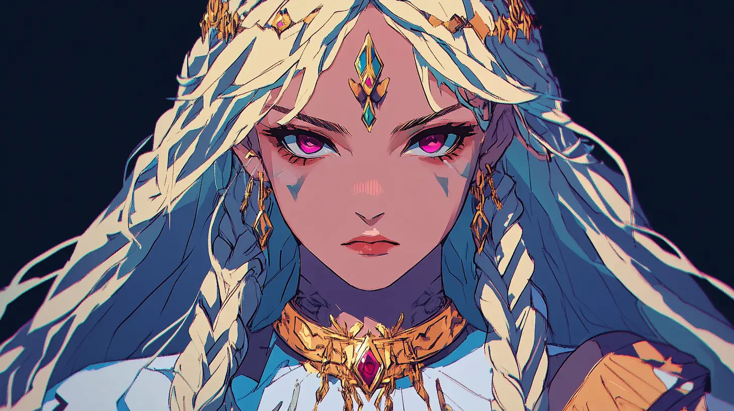 Golden haired anime girl warrior in a colorful camp