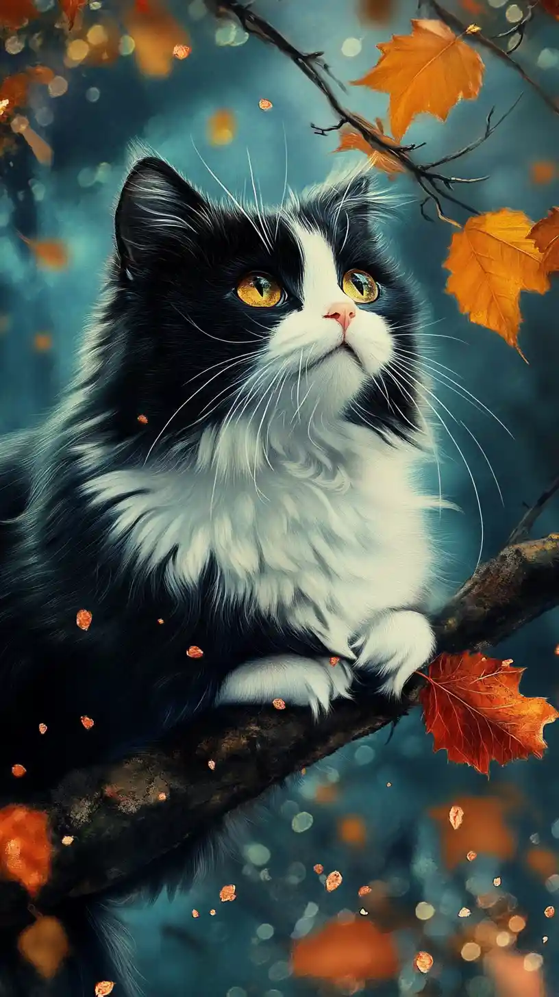 Fluffy Persian cat on autumn tree under full moon