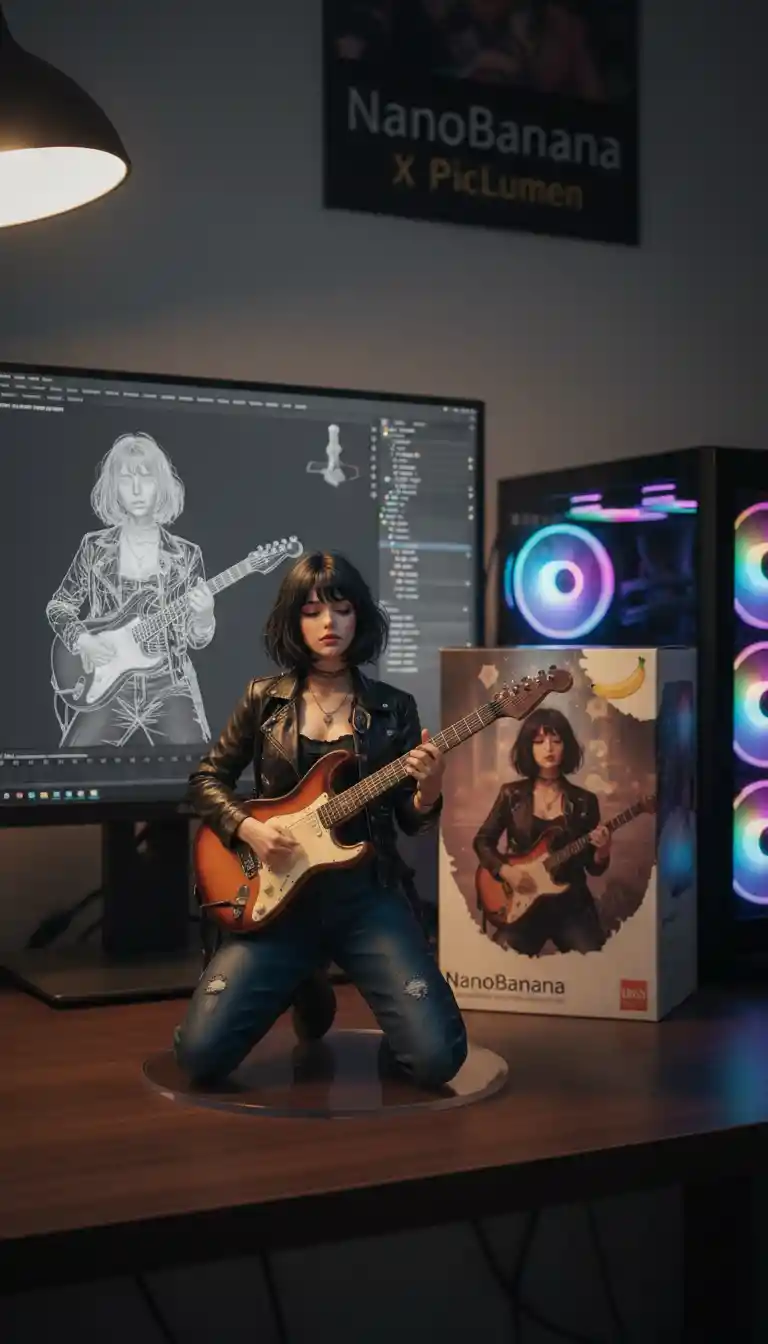 Anime figure playing guitar on a cozy computer desk