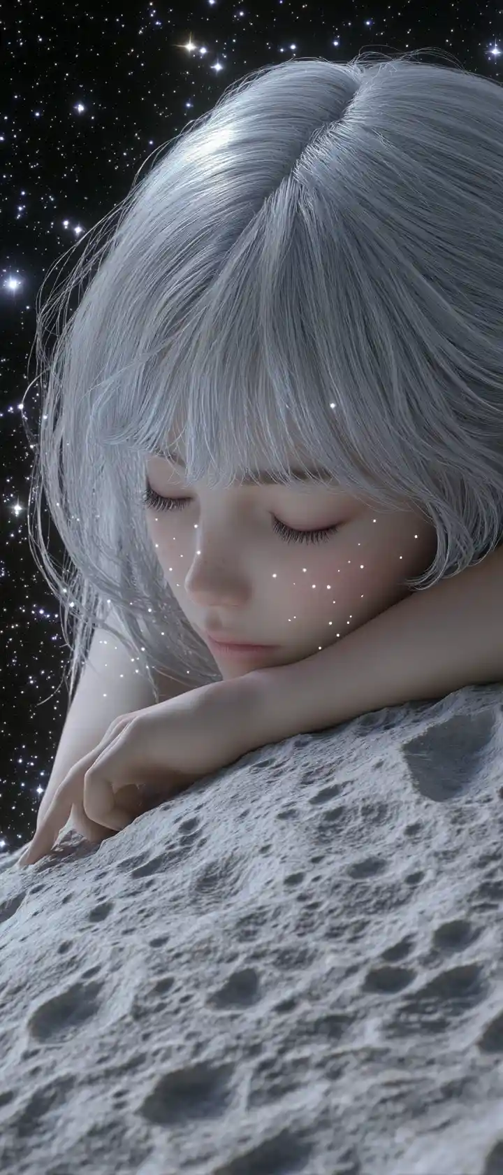 Girl resting on lunar ridge with eyes closed in calm silence