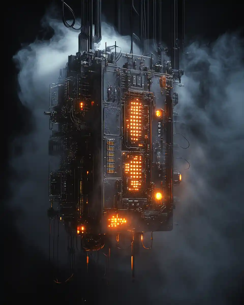 Photorealistic industrial sculpture in abstract dark atmosphere