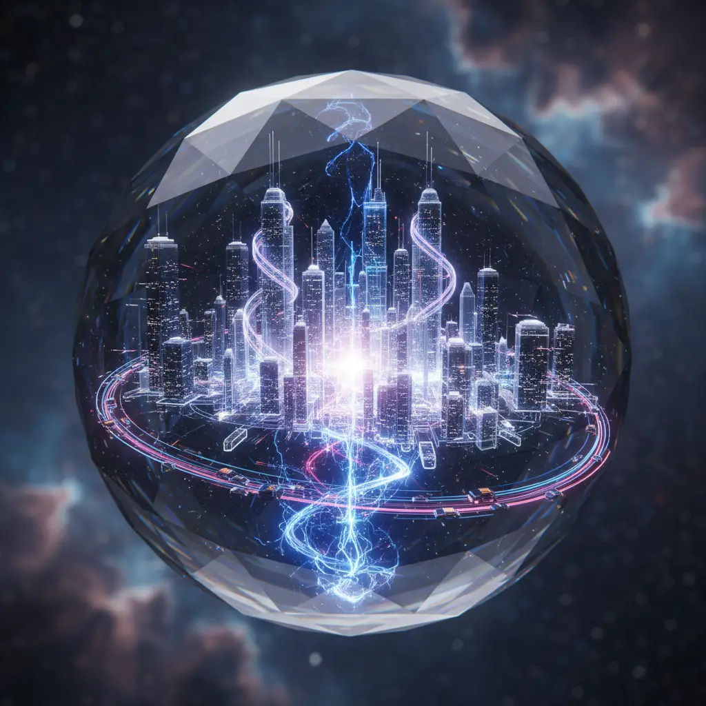 Macro view of a glowing crystal city at subatomic scale