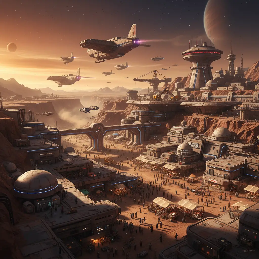 Vibrant offworld space colony with busy desert starport