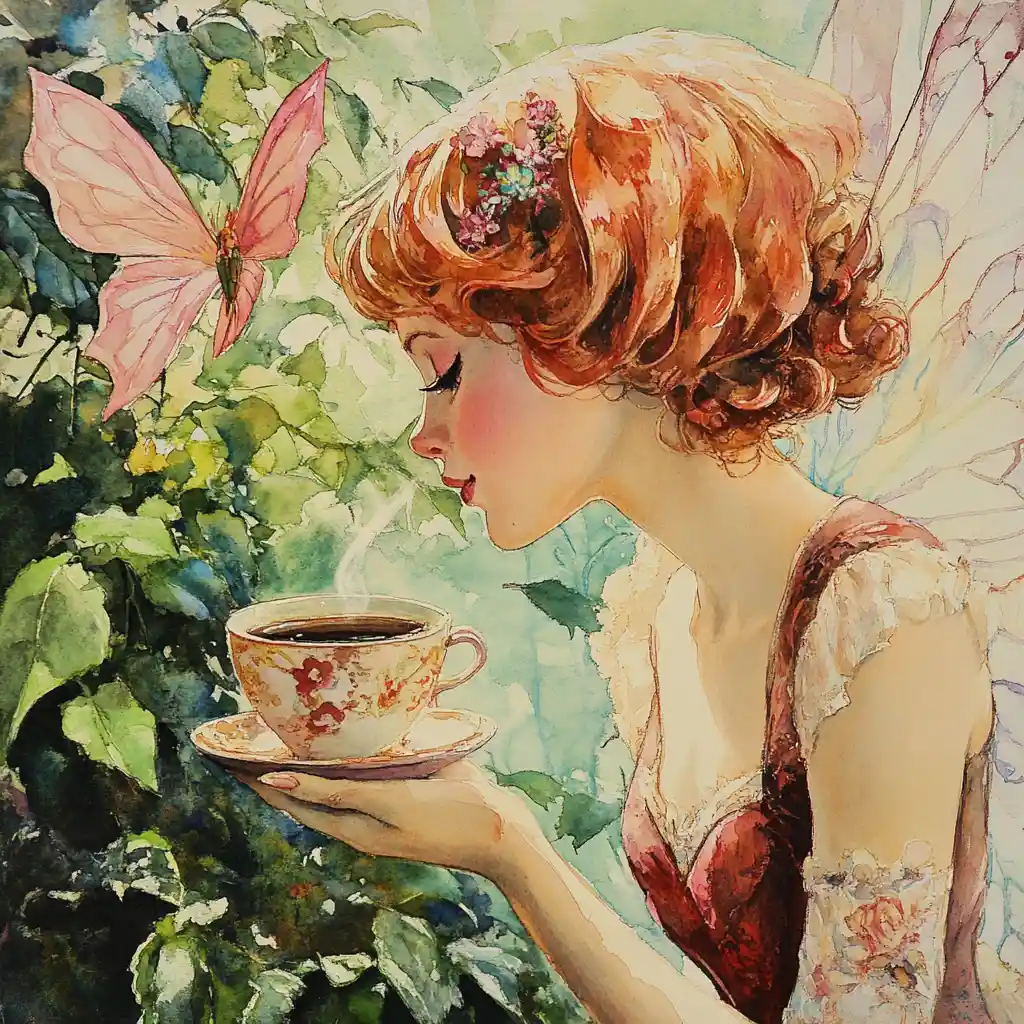Whimsical garden coffee cup with tiny pastry fairy
