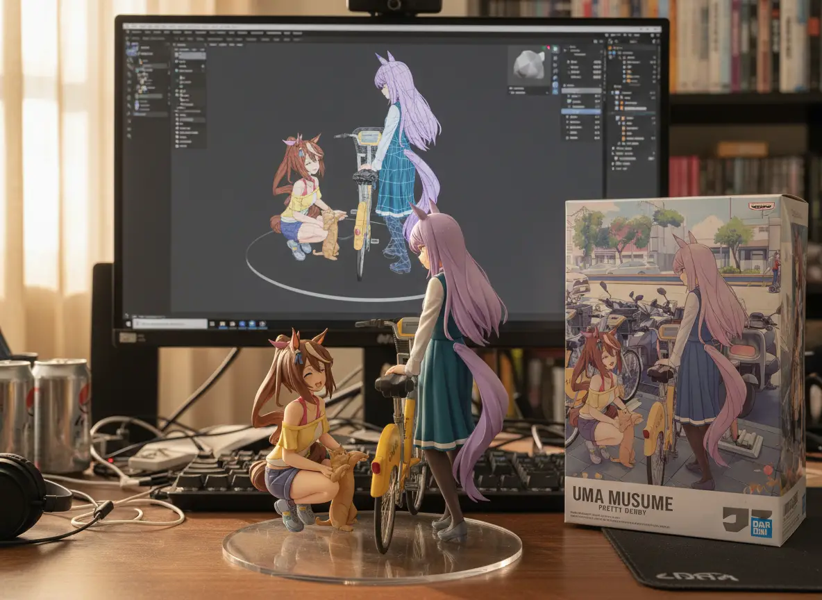 Realistic figurine on computer desk with packaging box