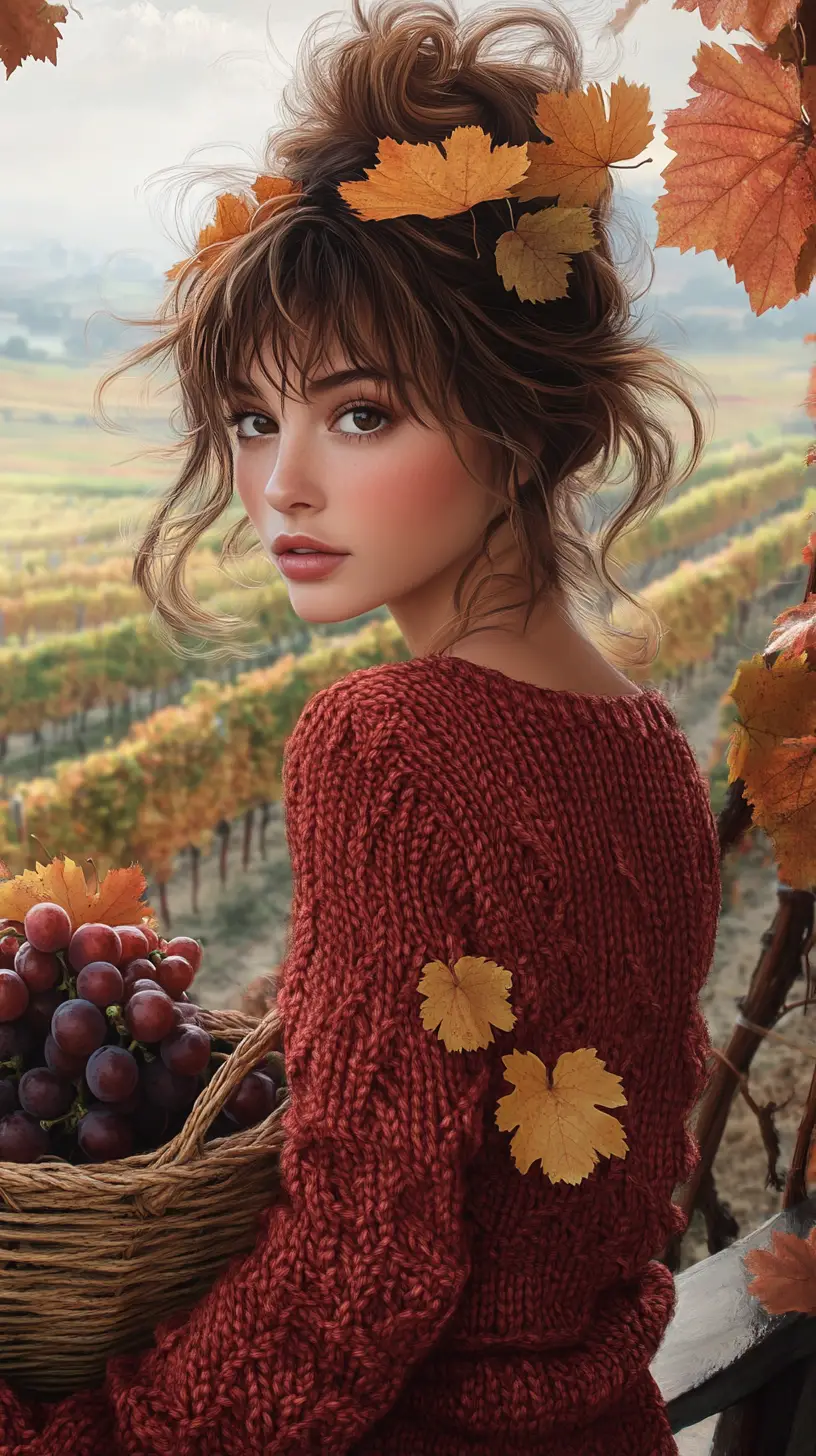 Young woman with grapes in a red dress in vineyard