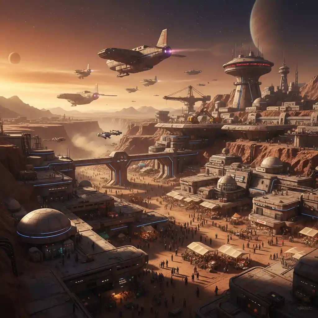 Vibrante colonia espacial de otro mundo con bullicioso puerto estelar en el desierto