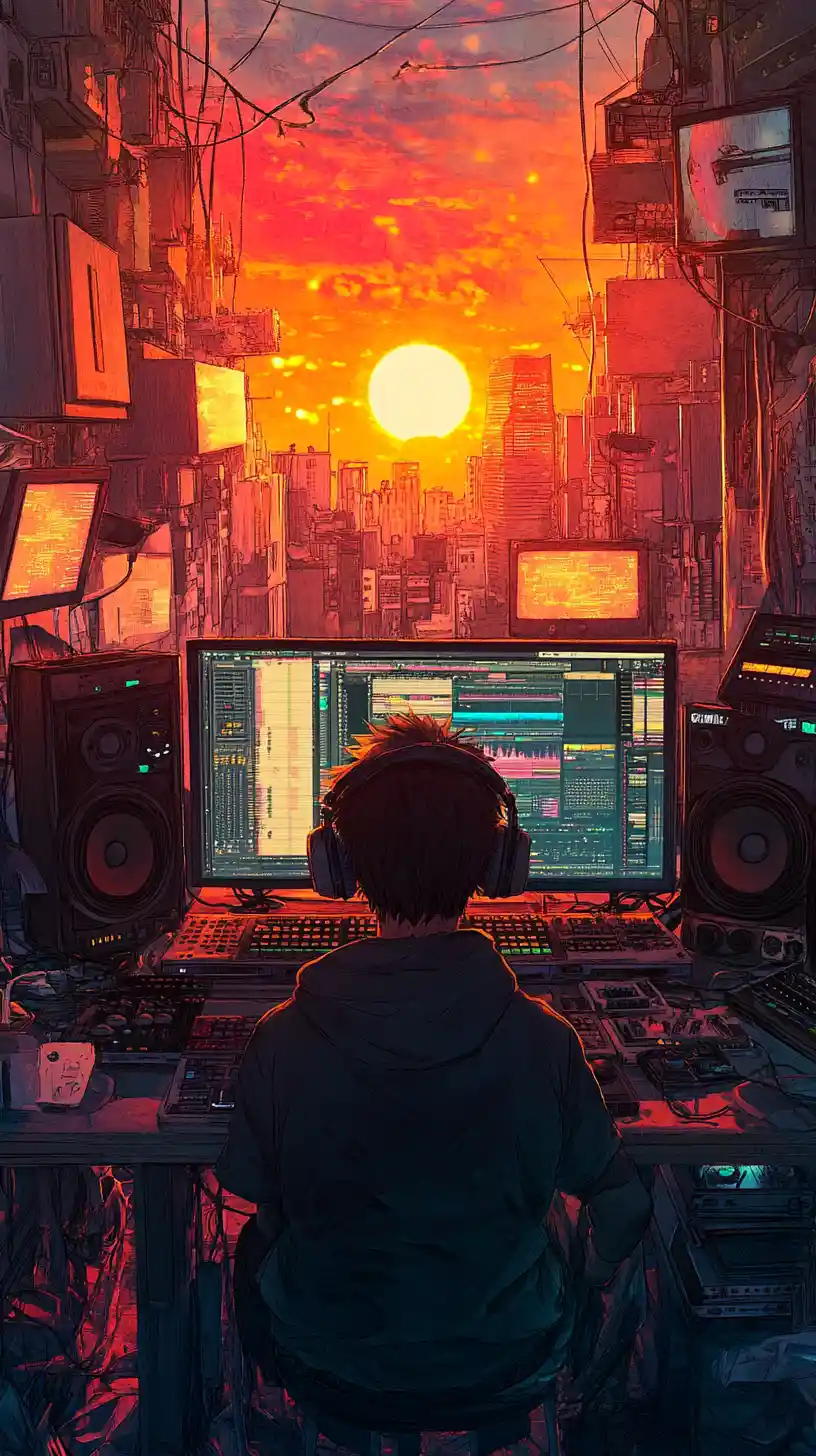 Uomo anime con cuffie alla scrivania di uno studio musicale al neon