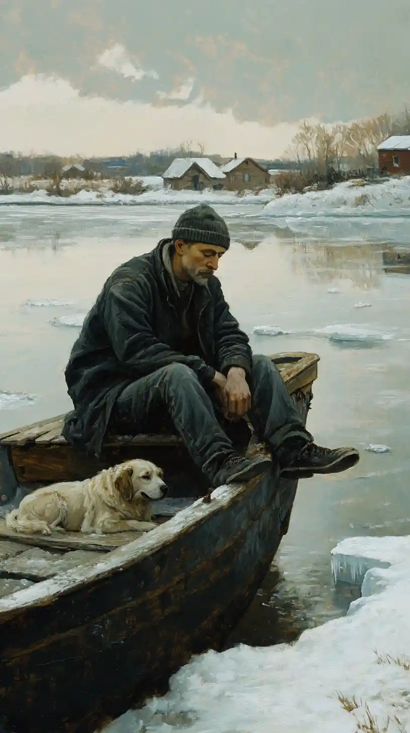 Uomo seduto su una vecchia barca accanto a un tranquillo fiume invernale