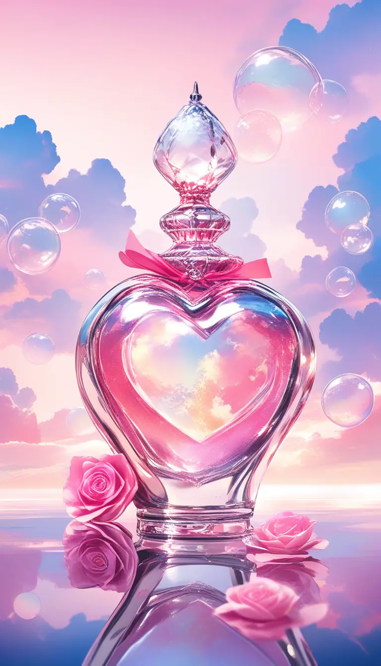 Heart shaped glass perfume bottle among dreamy clouds