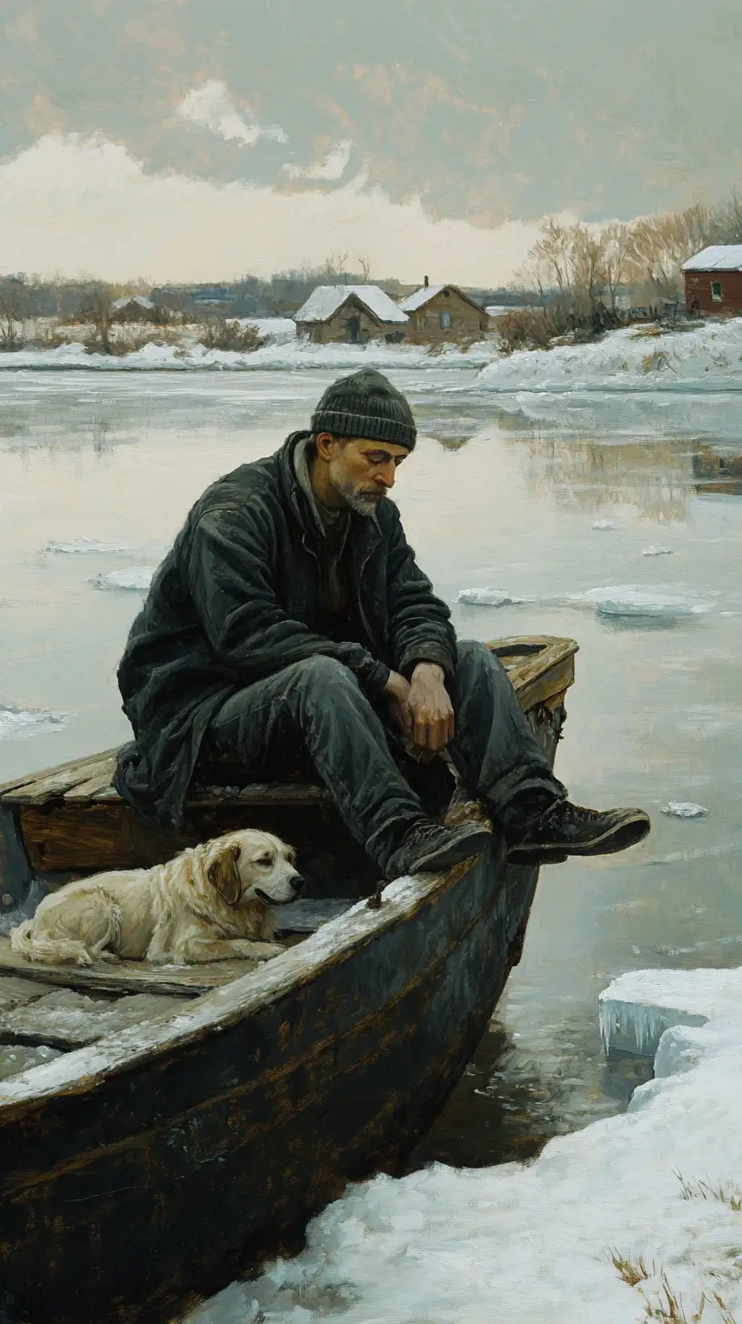 Man Sitting On Old Boat By Quiet Winter River