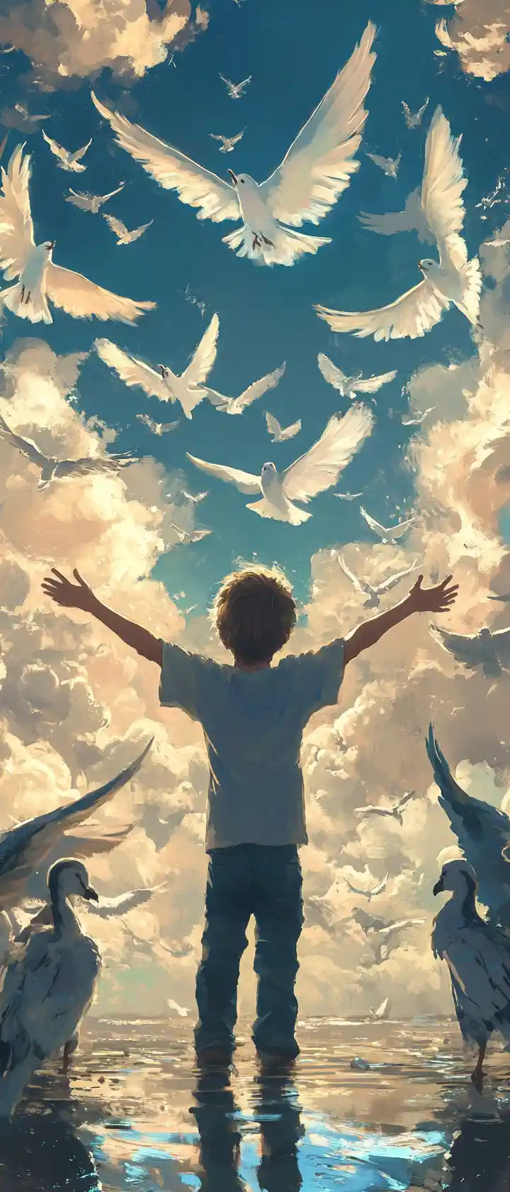 Child rising up singing and spreading hopeful wings