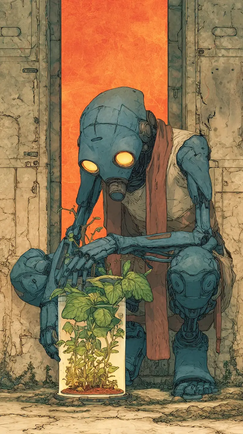 Humanoid robot in gas mask watching a potted plant