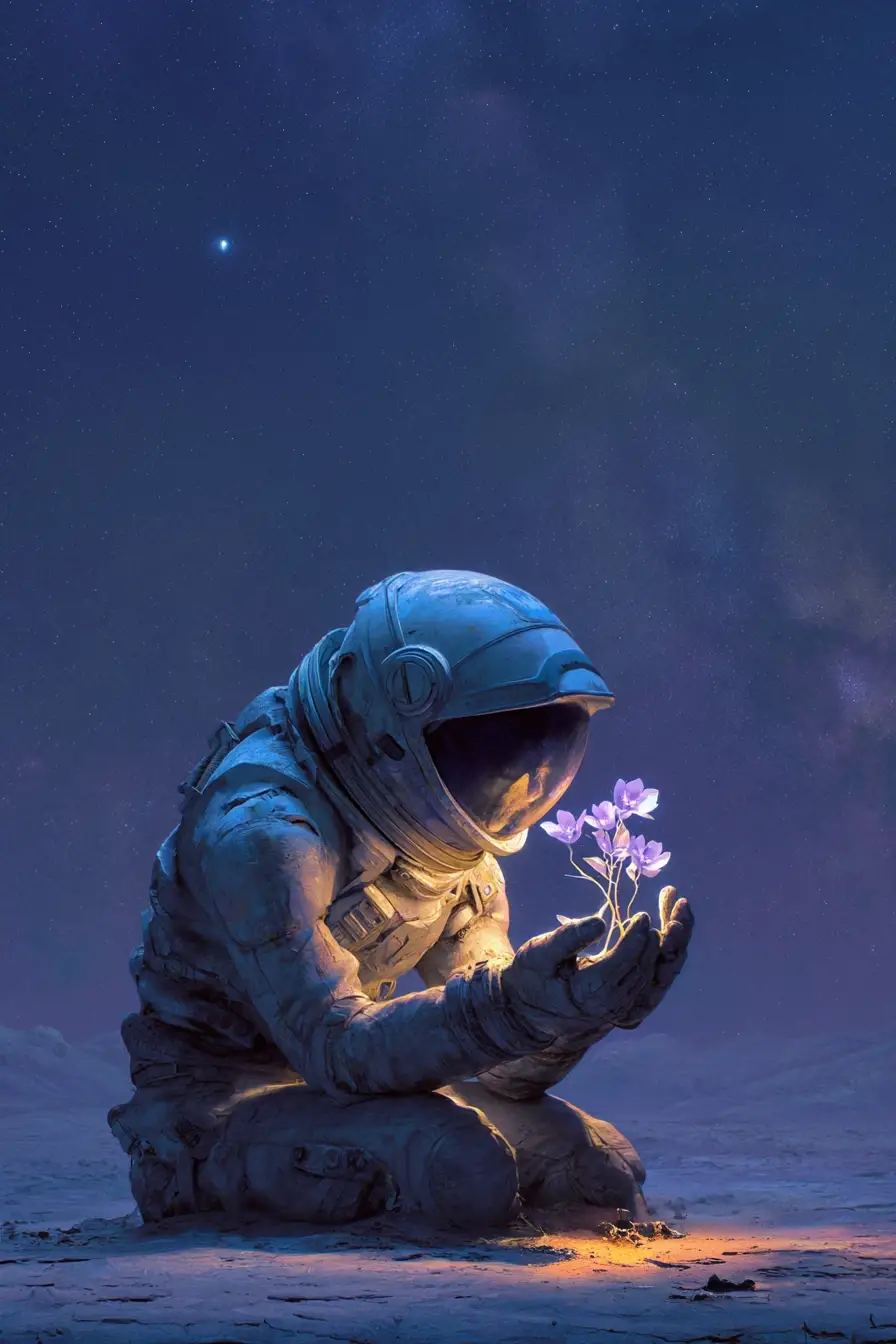 Astronaut Holding Glowing Alien Plant On Desolate Planet