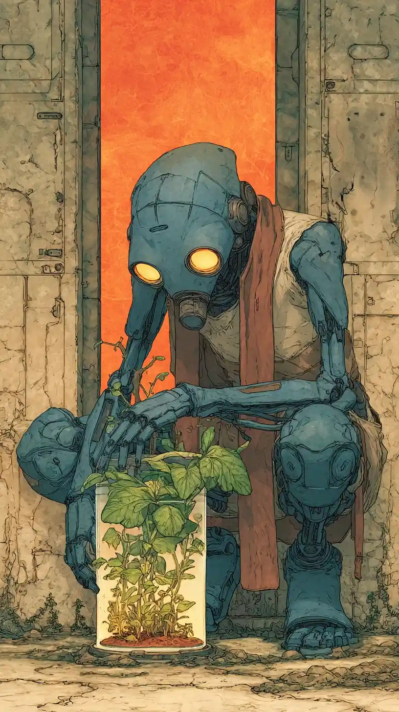 Humanoid robot in gas mask watching a potted plant