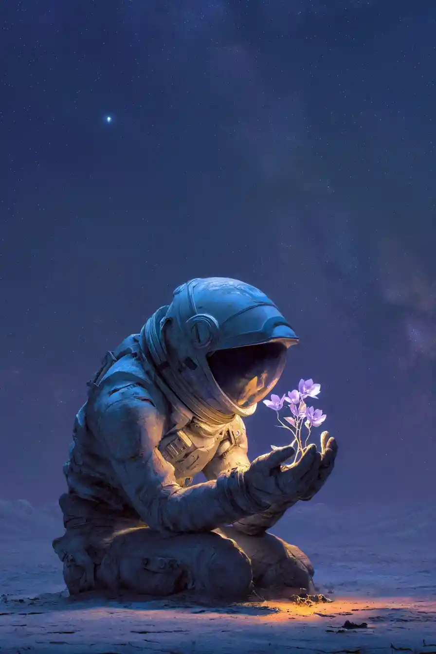 Astronaut Holding Glowing Alien Plant On Desolate Planet