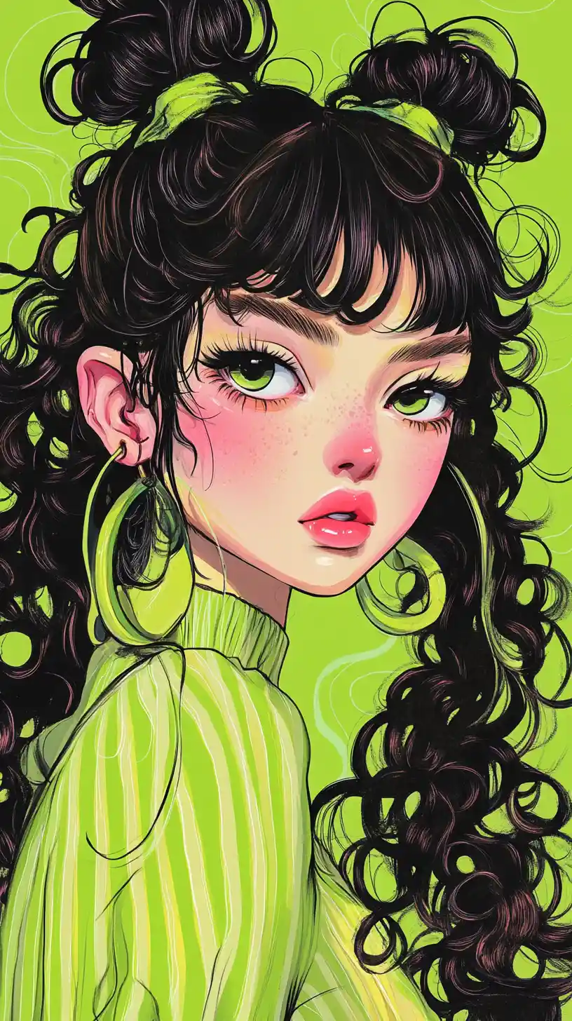 Close up fashion illustration of a stylish curly haired girl