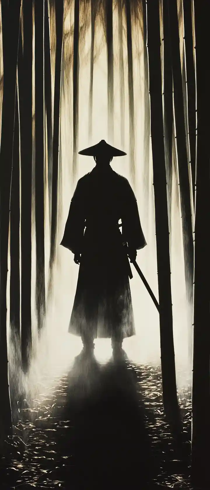 Silent samurai silhouette in misty bamboo at dawn