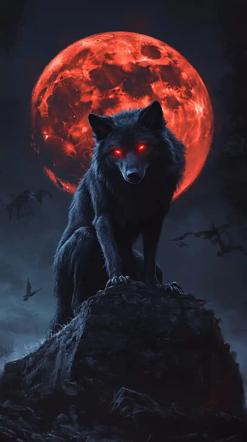 Black wolf under a blood red moon on rocky cliffs