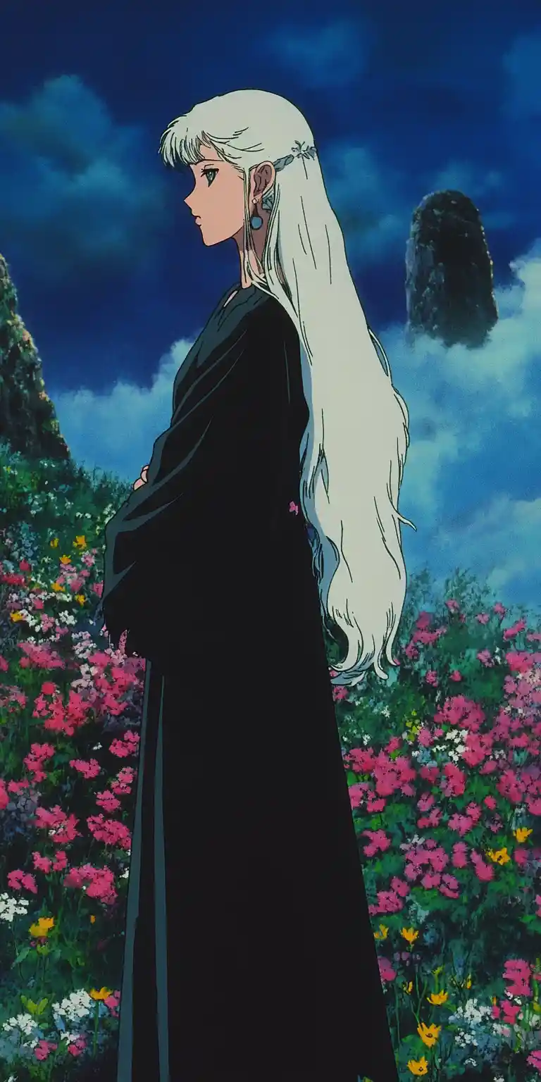 Serene girl in black coat in sunset flower field
