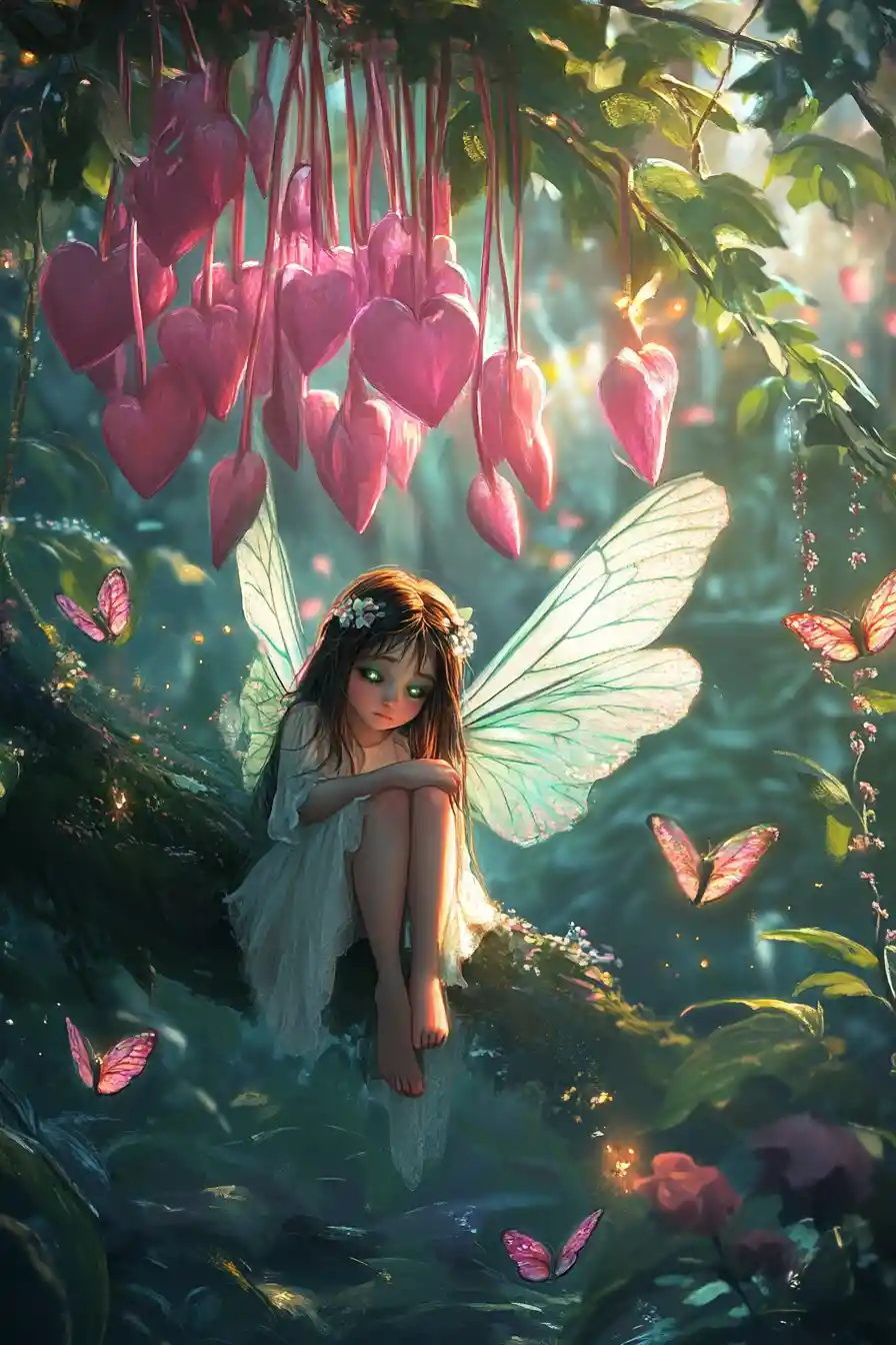 Sad fairy in a glowing pastel fantasy garden