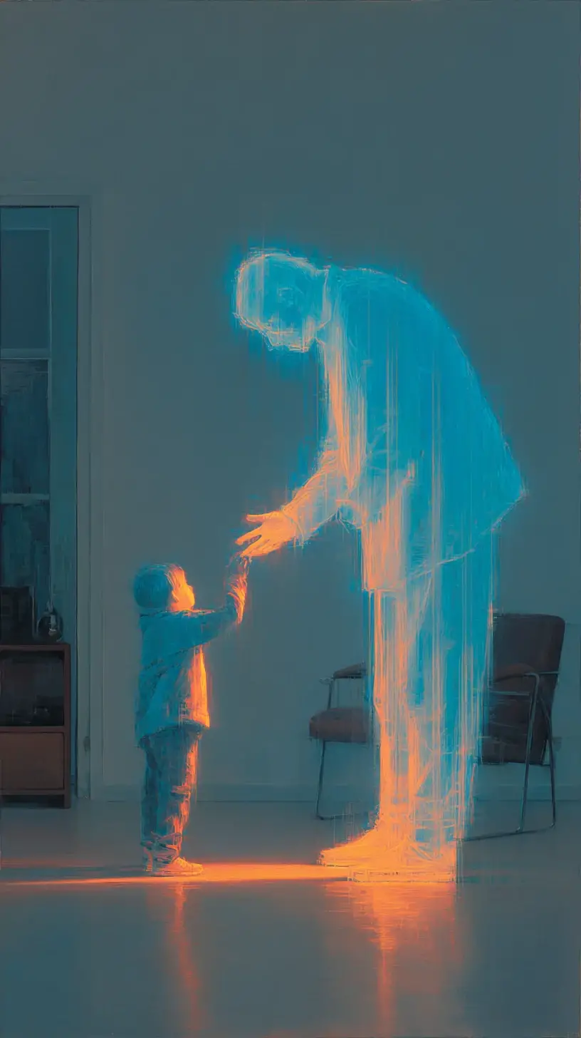 Ethereal blue grandfather reaching out to a child