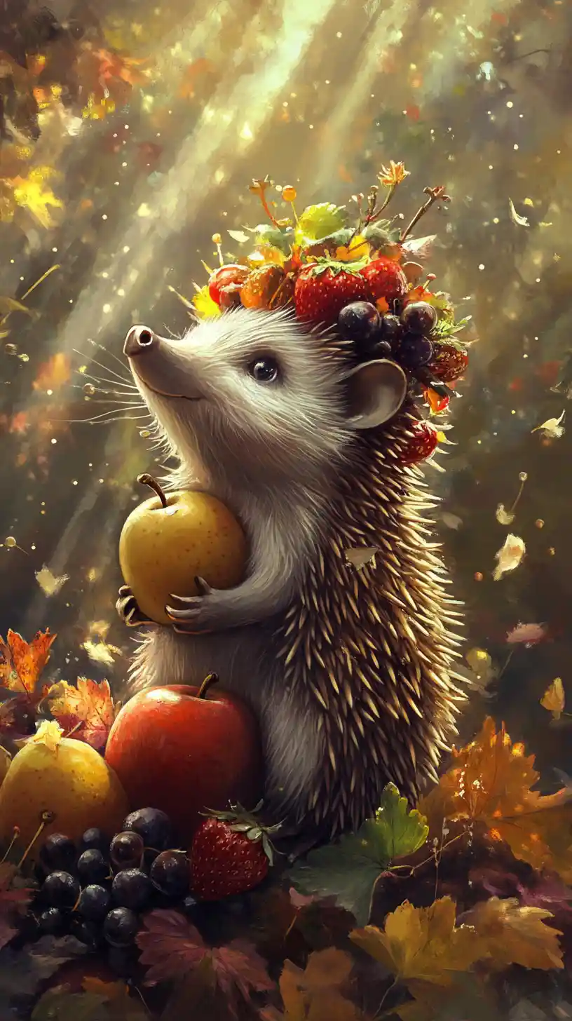 Cute hedgehog carrying fruit in a magical sunlit scene