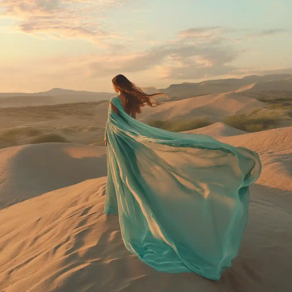 Woman with flowing silk on wind shaped desert dunes