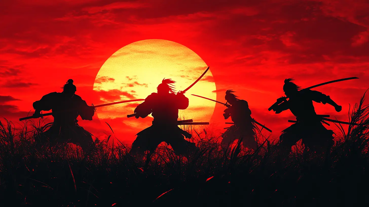 Silhouetted warriors fighting against a dramatic rising sun