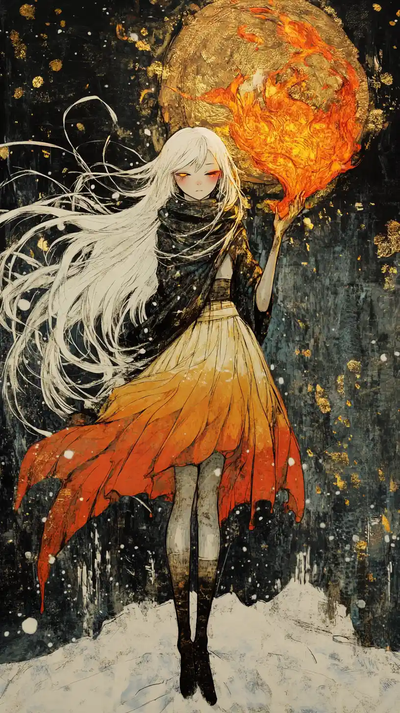 Anime girl with flaming sword in snowy midnight field