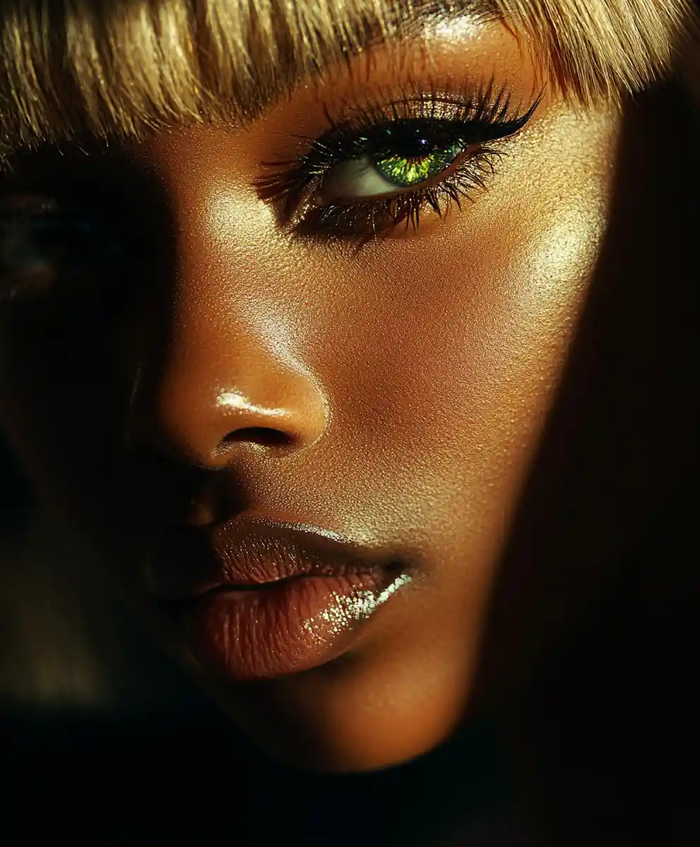 Chiaroscuro close up of glamorous woman in shadows