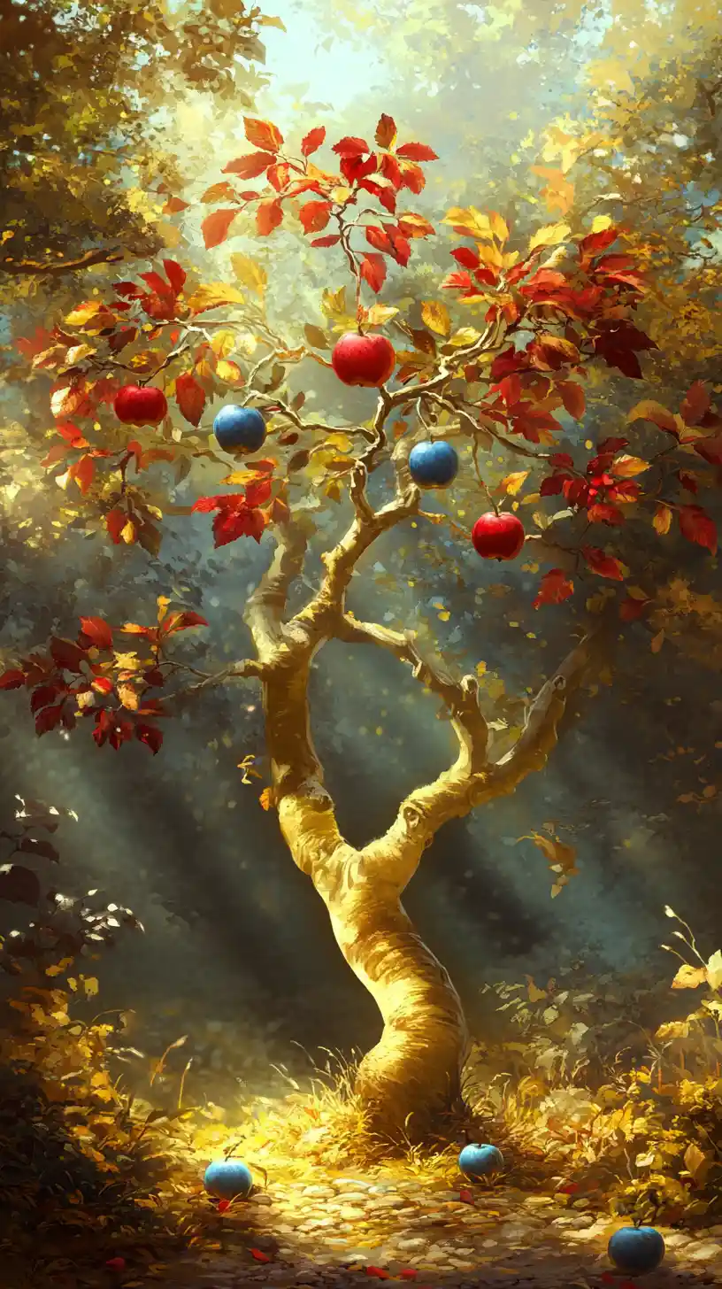 Whimsical apple tree with blue fruit in a fantasy garden
