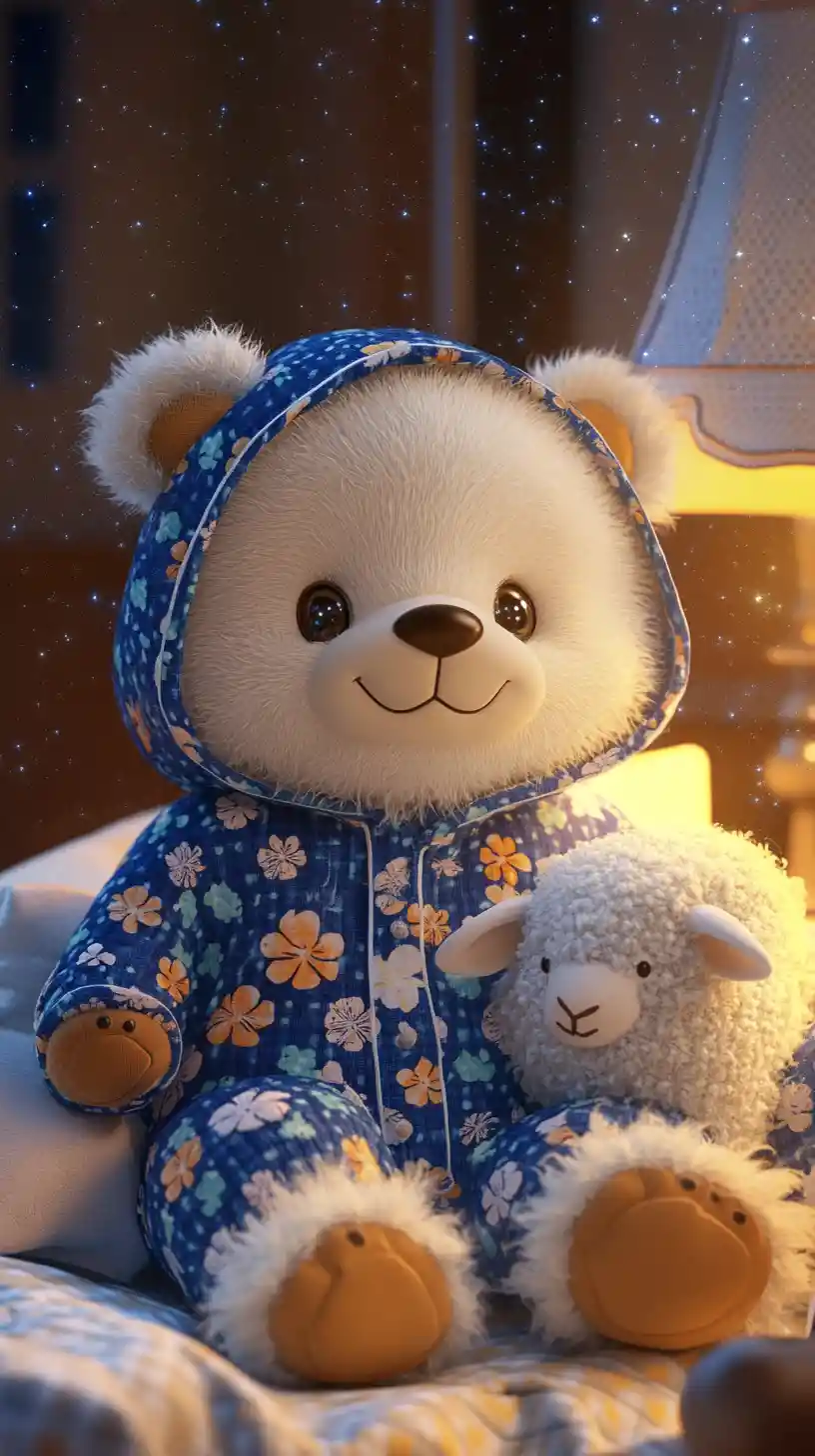 Dolce orsetto di peluche in tutina azzurra che abbraccia una pecora di peluche