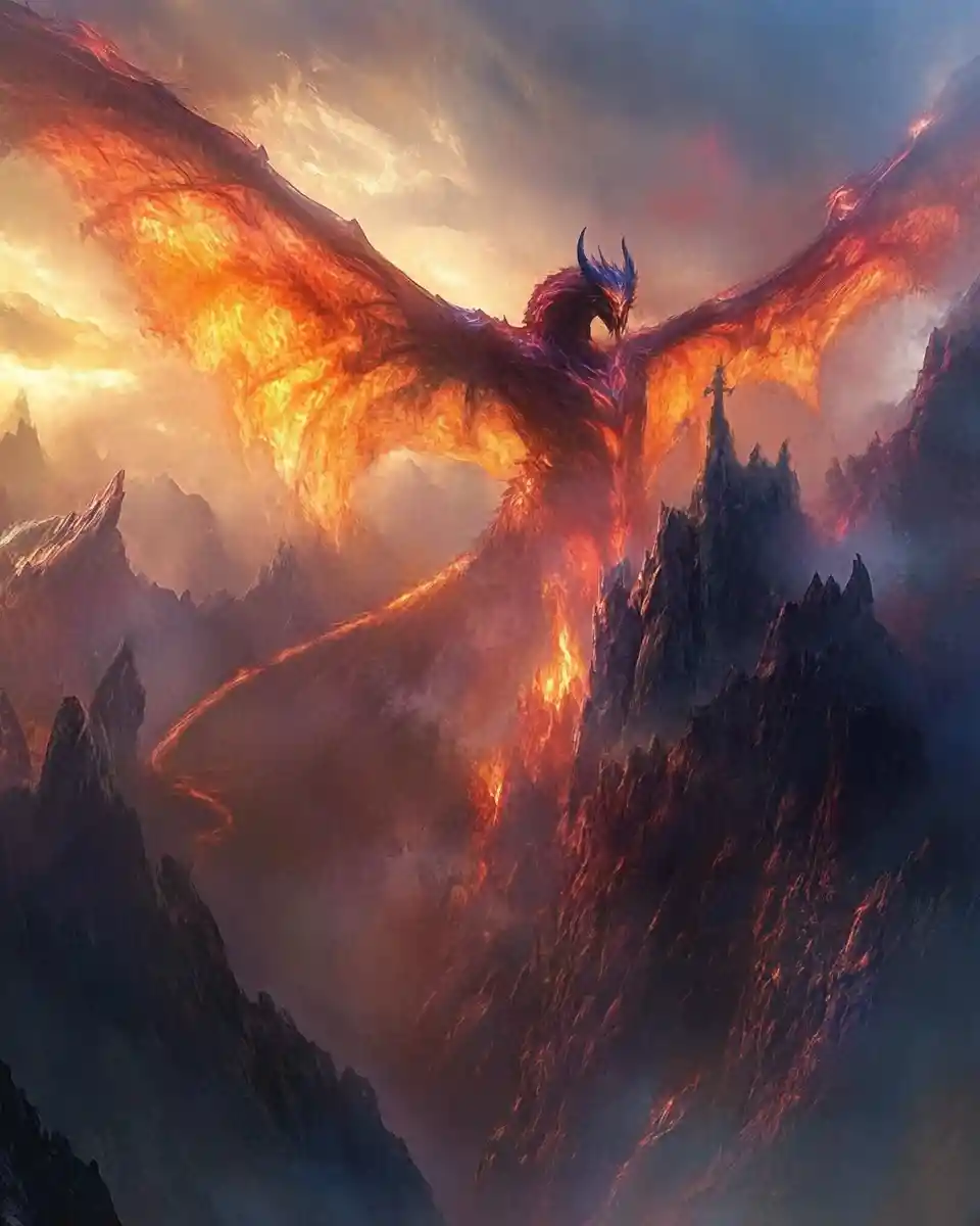 Legendary dragon on a misty mountain at twilight